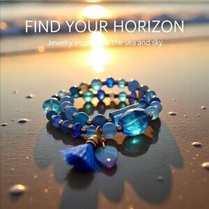 Spring Break Wrap Bracelet • Blue + Gold • Beachy Vacay Boho! 2 Loop Wrap 6.5"